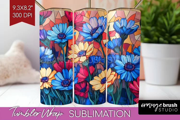 Stained Glass Flowers Tumbler Wrap - Floral Tumbler PNG