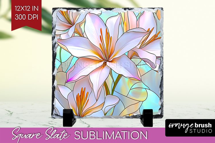 Stained Glass Flowers Slate PNG - Floral Square Slate