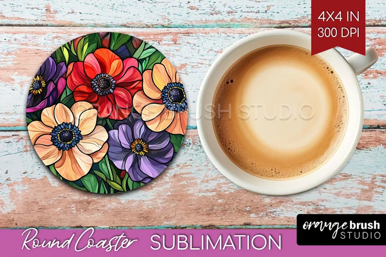 Stained Glass Flowers Round Coaster - Floral Coaster PNG