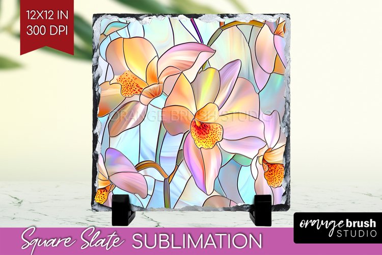 Stained Glass Flowers Slate PNG - Floral Square Slate