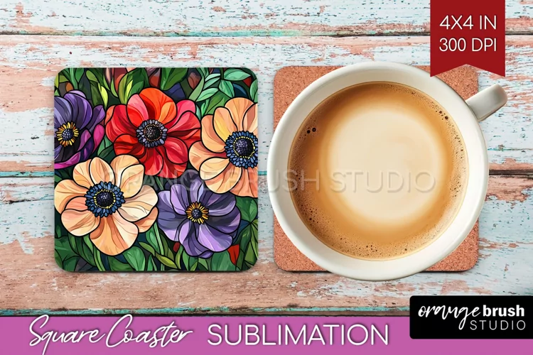 Stained Glass Flowers Square Coaster - Floral Coaster PNG