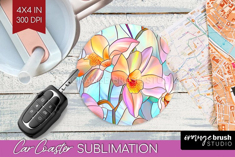 Stained Glass Flowers Car Coaster - Floral Coaster PNG