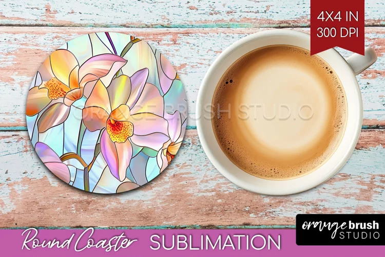 Stained Glass Flowers Round Coaster - Floral Coaster PNG