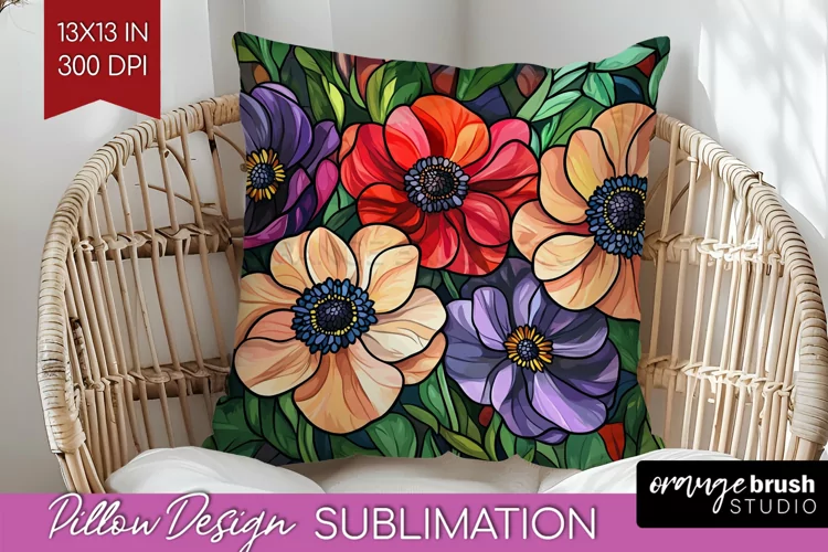 Stained Glass Flowers Pillow Sublimation - Floral Pillow PNG