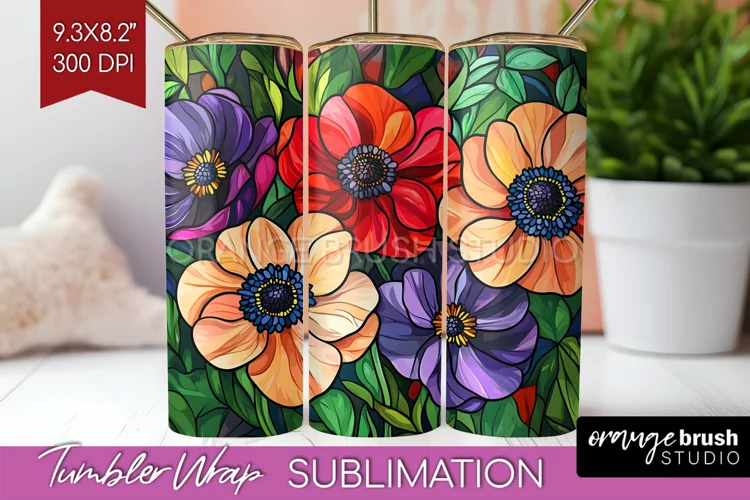 Stained Glass Flowers Tumbler Wrap - Floral Tumbler PNG