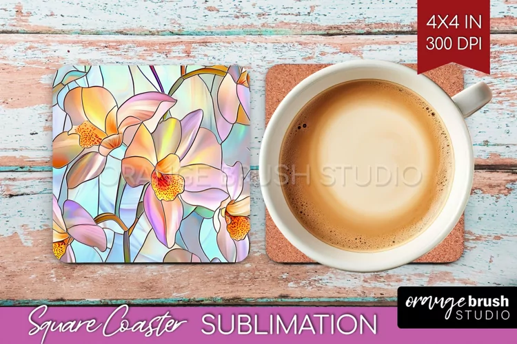 Stained Glass Flowers Square Coaster - Floral Coaster PNG