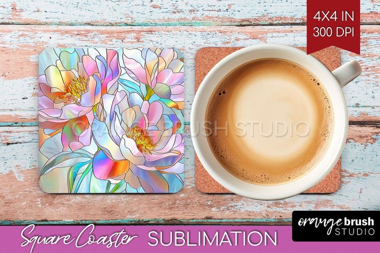 Stained Glass Flowers Square Coaster - Floral Coaster PNG example image 1