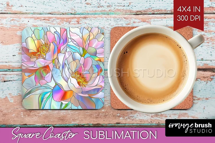 Stained Glass Flowers Square Coaster - Floral Coaster PNG