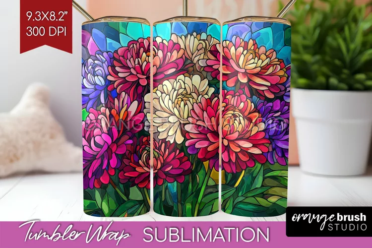 Stained Glass Flowers Tumbler Wrap - Floral Tumbler PNG