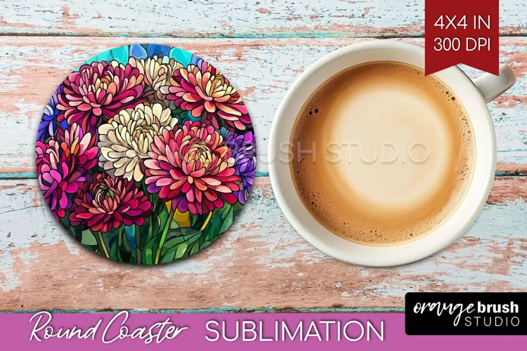 Stained Glass Flowers Round Coaster - Floral Coaster PNG