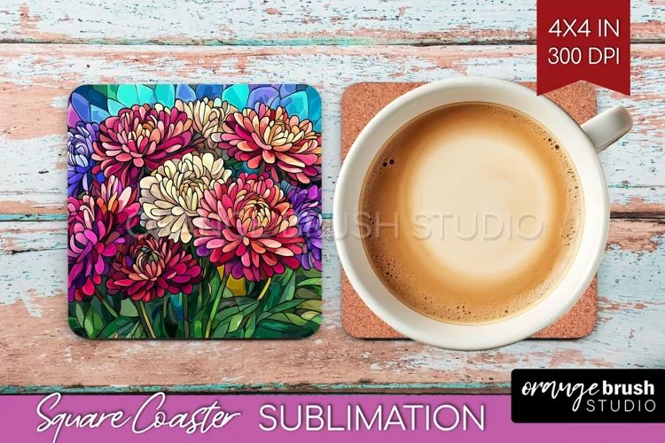 Stained Glass Flowers Square Coaster - Floral Coaster PNG