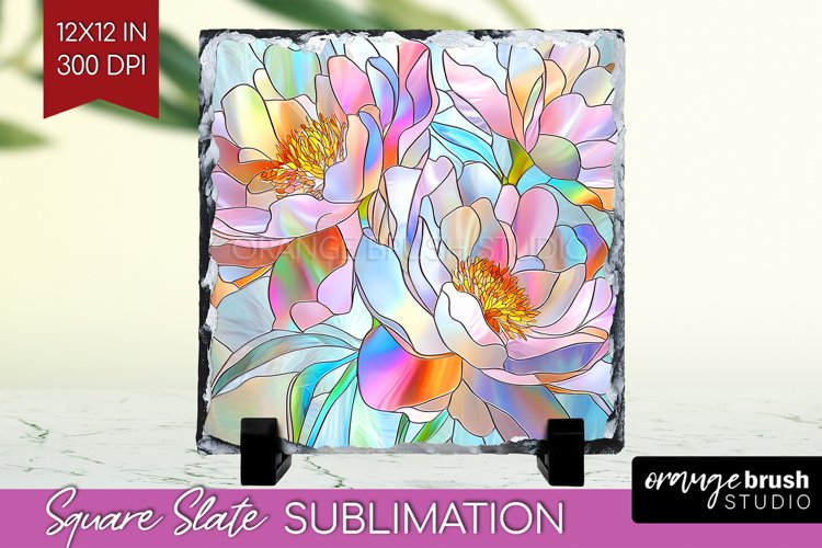 Stained Glass Flowers Slate PNG - Floral Square Slate