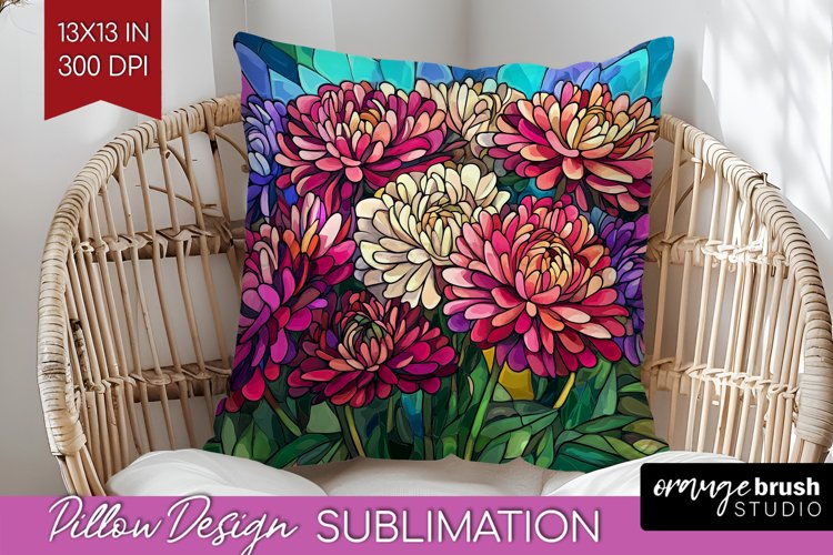 Stained Glass Flowers Pillow Sublimation - Floral Pillow PNG example image 1