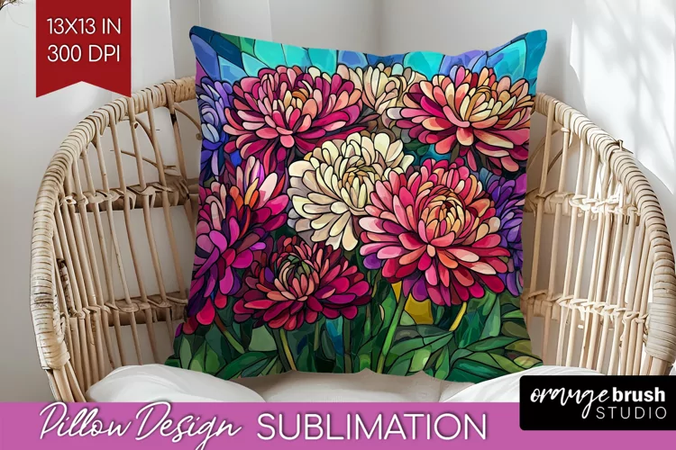 Stained Glass Flowers Pillow Sublimation - Floral Pillow PNG