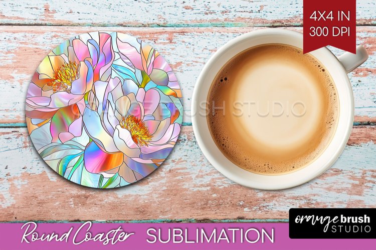 Stained Glass Flowers Round Coaster - Floral Coaster PNG example image 1
