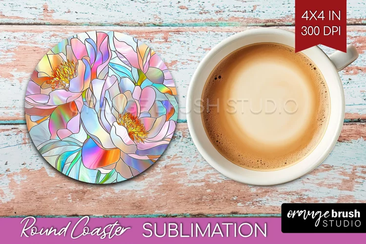 Stained Glass Flowers Round Coaster - Floral Coaster PNG