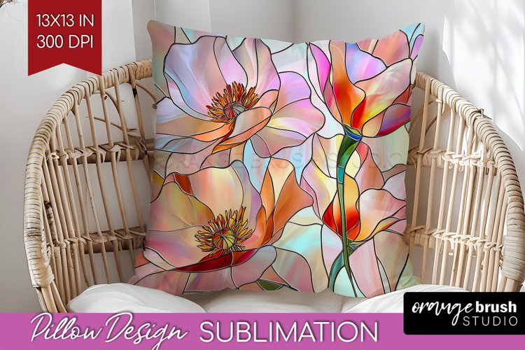 Stained Glass Flowers Pillow Sublimation - Floral Pillow PNG example image 1