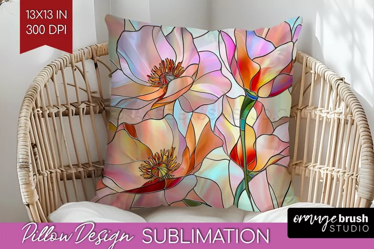 Stained Glass Flowers Pillow Sublimation - Floral Pillow PNG