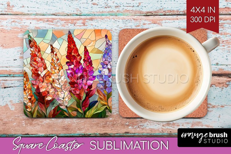 Stained Glass Flowers Square Coaster - Floral Coaster PNG example image 1