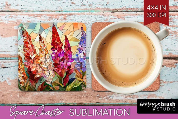 Stained Glass Flowers Square Coaster - Floral Coaster PNG