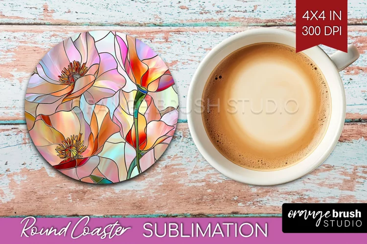 Stained Glass Flowers Round Coaster - Floral Coaster PNG