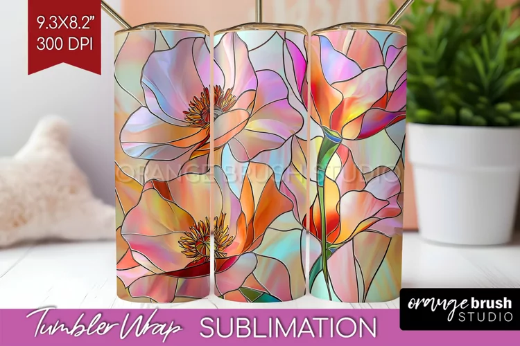 Stained Glass Flowers Tumbler Wrap - Floral Tumbler PNG
