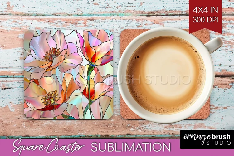 Stained Glass Flowers Square Coaster - Floral Coaster PNG