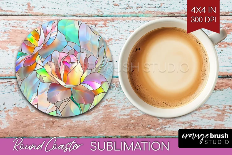 Stained Glass Flowers Round Coaster - Floral Coaster PNG