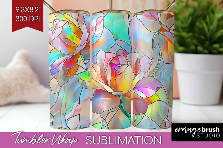 Stained Glass Flowers Tumbler Wrap - Floral Tumbler PNG