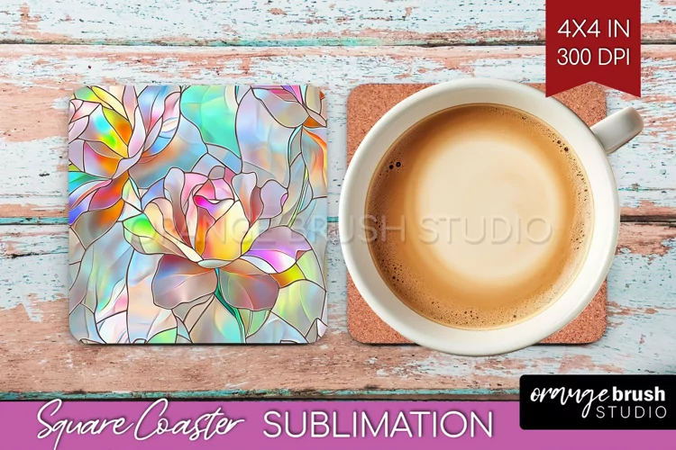 Stained Glass Flowers Square Coaster - Floral Coaster PNG