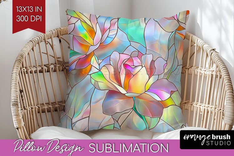 Stained Glass Flowers Pillow Sublimation - Floral Pillow PNG example image 1