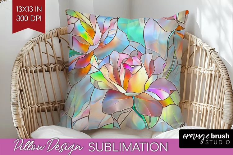 Stained Glass Flowers Pillow Sublimation - Floral Pillow PNG