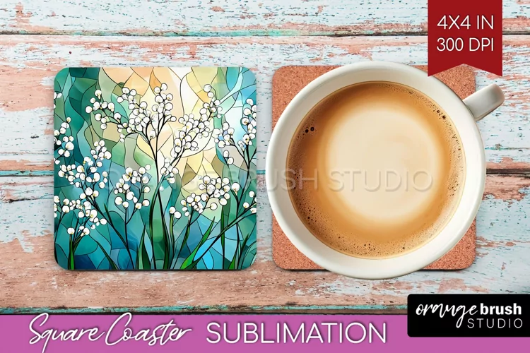 Stained Glass Flowers Square Coaster - Floral Coaster PNG