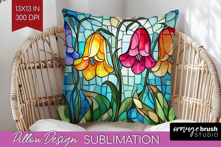 Stained Glass Flowers Pillow Sublimation - Floral Pillow PNG example image 1