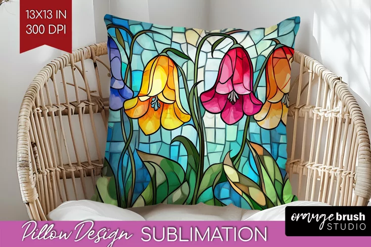 Stained Glass Flowers Pillow Sublimation - Floral Pillow PNG