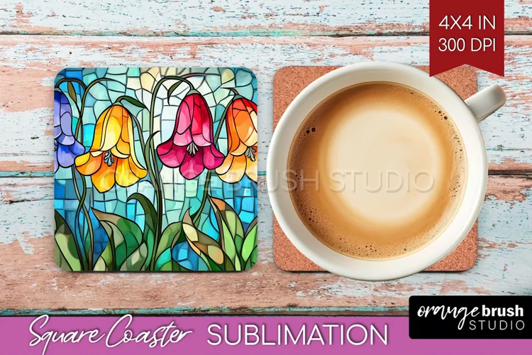 Stained Glass Flowers Square Coaster - Floral Coaster PNG
