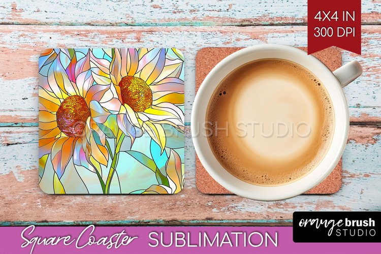 Stained Glass Flowers Square Coaster - Floral Coaster PNG example image 1