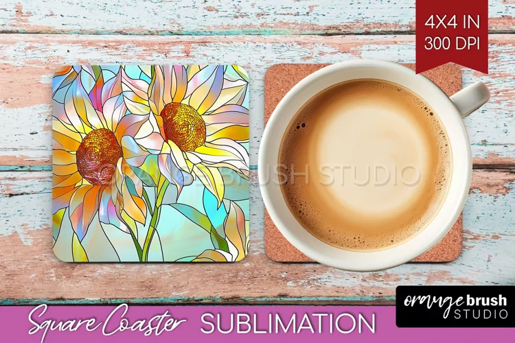 Stained Glass Flowers Square Coaster - Floral Coaster PNG