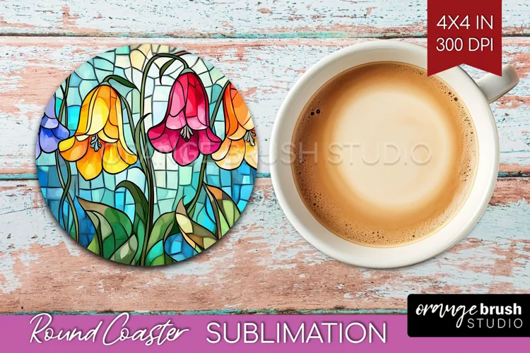 Stained Glass Flowers Round Coaster - Floral Coaster PNG