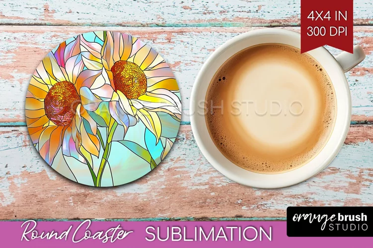 Stained Glass Flowers Round Coaster - Floral Coaster PNG