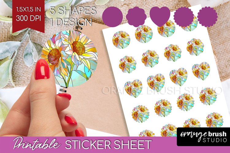 Stained Glass Flowers Round Sticker - Floral Printable Sheet