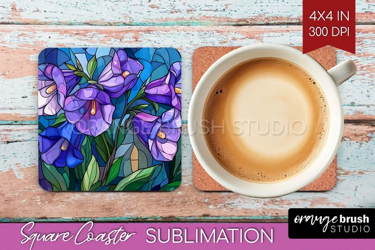 Stained Glass Flowers Square Coaster - Floral Coaster PNG