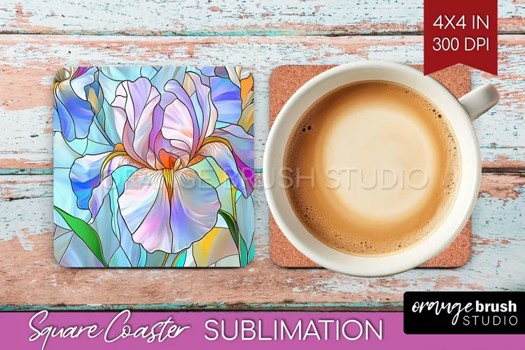 Stained Glass Flowers Square Coaster - Floral Coaster PNG