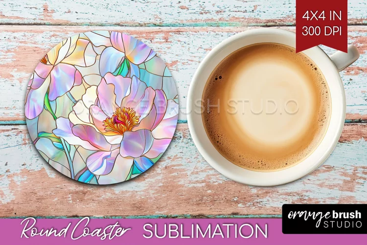 Stained Glass Flowers Round Coaster - Floral Coaster PNG