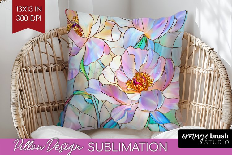 Stained Glass Flowers Pillow Sublimation - Floral Pillow PNG example image 1