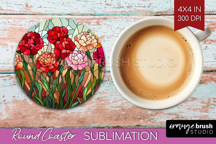 Stained Glass Flowers Round Coaster - Floral Coaster PNG