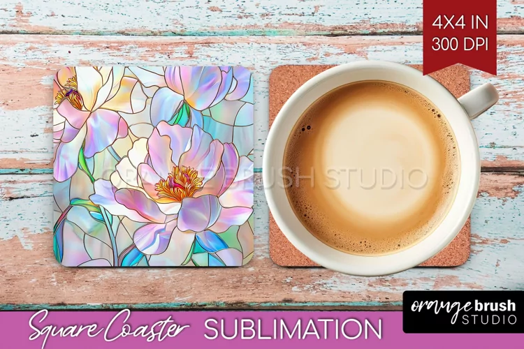 Stained Glass Flowers Square Coaster - Floral Coaster PNG