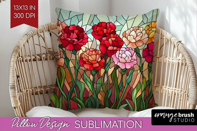 Stained Glass Flowers Pillow Sublimation - Floral Pillow PNG