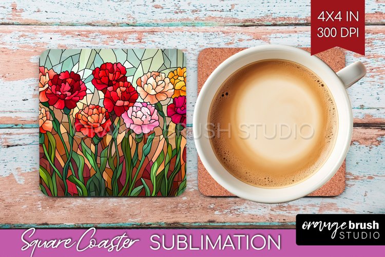 Stained Glass Flowers Square Coaster - Floral Coaster PNG example image 1