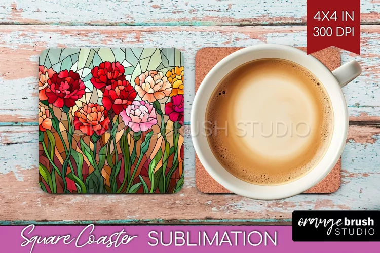 Stained Glass Flowers Square Coaster - Floral Coaster PNG